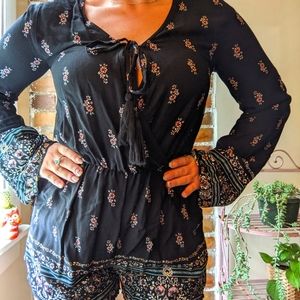 Long sleeved Black Floral Romper